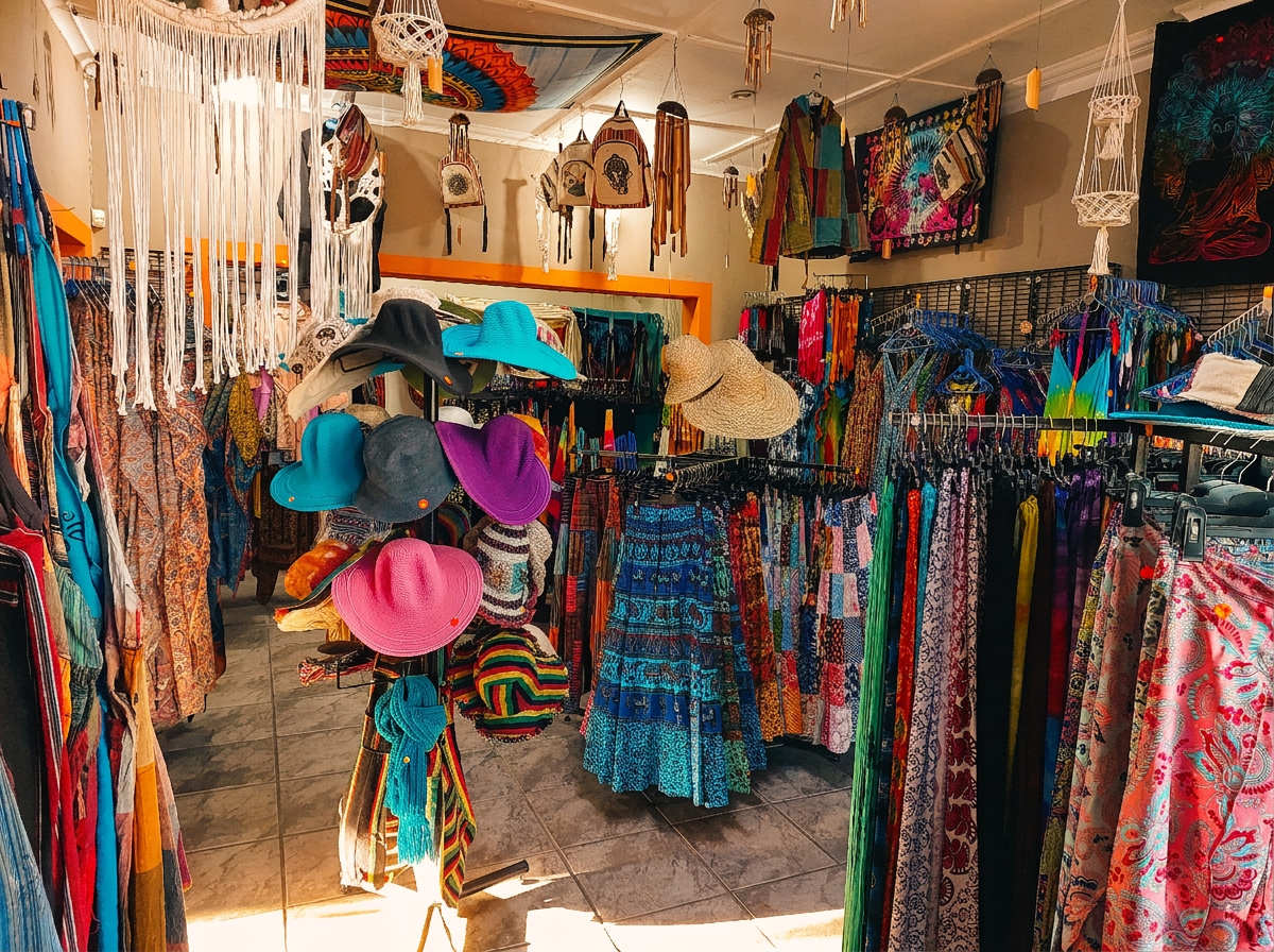 Colourful skirts, tie-dye rails and hippie clothing