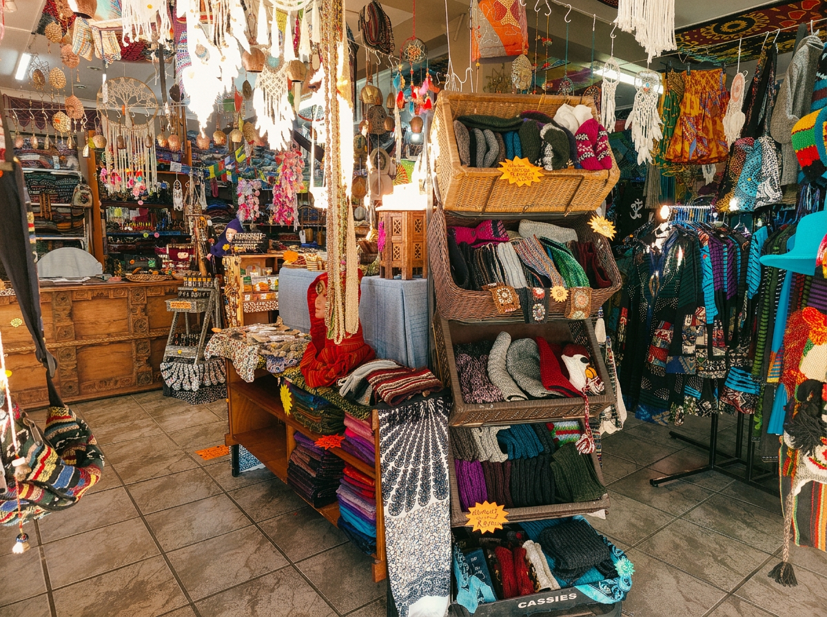 Colourful shop interior with hanging bohemian clothing and treasures